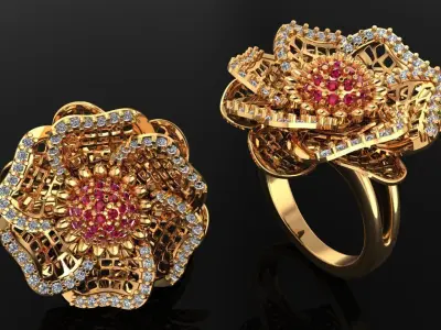 Women Ring 64 3 step flower diamond cluster ring for women 3D print model