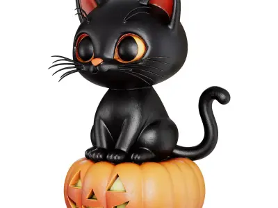 Halloween Black Cat Figurine 3d print and game ready Low-poly 3D model