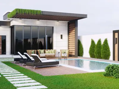 Realistic Villa modern house with pool and lawn Low-poly 3D model