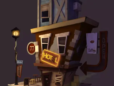 coffeshop street and  hotel  Low-poly 3D model