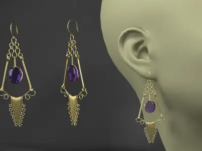 Earring pair of earrings with amethyst stones 3D model