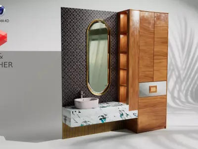 Luxury Wood and Marble Bathroom Vanity Set for Cinema 4d Low-poly 3D model