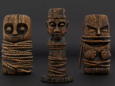 Rope-Wrapped Wooden Idols Pack 3 Ancient Carved Props Low-poly 3D model