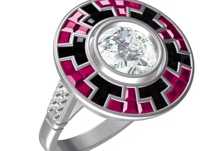 Ruby and Black Onyx Round Shaped Art Deco Ring 3D print model