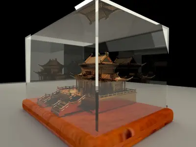 Chinese golden house in glass display box stand   3D model