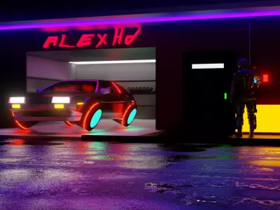 Syberpunk neon car in garage 3D model