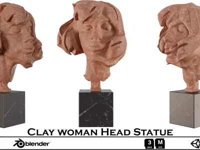 Clay Woman Head Statue - Artistic Bust with Marble Base  3D model