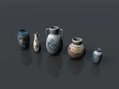 Low poly asian pottery collection Low-poly 3D model
