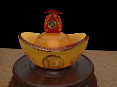 Chinese gold ingot piggy bank with money bag  3D model