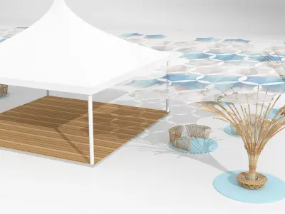 wooden seating with roof and pagoda01 3D model