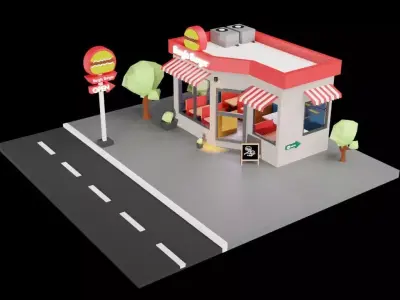 Low Poly Coffee shop highly Detailed blender model  Low-poly 3D model