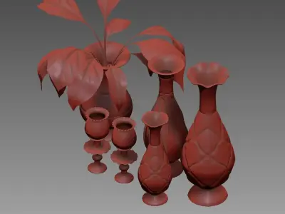 set235 set of vases and plant on table 3D model