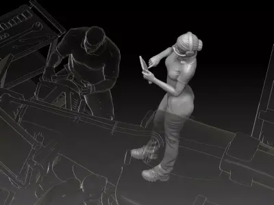 mechanic 4 at work in the garage during the Formula 1 3D print model