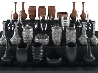 vases different and glasses on shelf 3D model