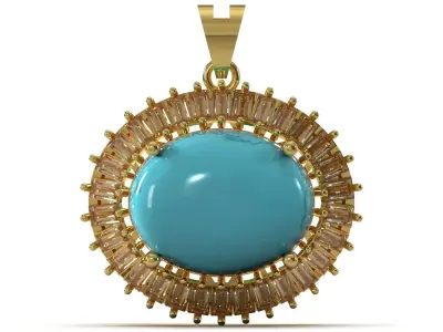 Turquoise Oval Baguette Diamond Sunburst Pendant model jp0380 3D print model