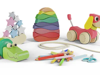 Wood Toys Dolls And Stroller 3D model