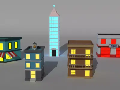 Low Poly Stylized City Buildings Pack 5 Models Game Ready Assets Low-poly 3D model