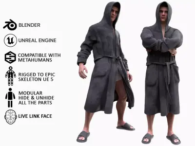 Man - Bathrobe - Modular - Rigged Low-poly 3D model