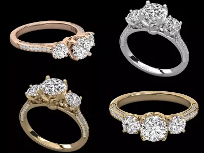 Luxury Pave Three Stone Diamond Engagement Ring CAD STL 3D print model