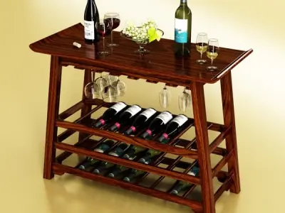 Wine Rack Table Bottles Cups and Grapes 3D model