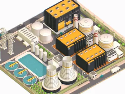 Isometric power station representing nuclear Low-poly 3D model