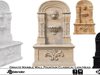 Ornate Marble Wall Fountain Classical Lion Head Low-poly 3D model