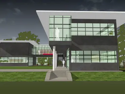 Office building with open green area  entrance 3D model