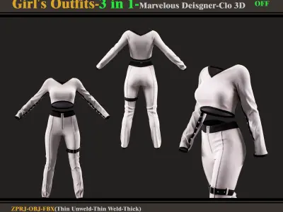 3 in 1 Girls Outfits- Marvelous Designer-Clo3d -OBJ - FBX -ZPRJ 3D model