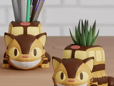 Catbus Chibi Pen Holder Planter Ghibli Fanart 2 poses 3D print model