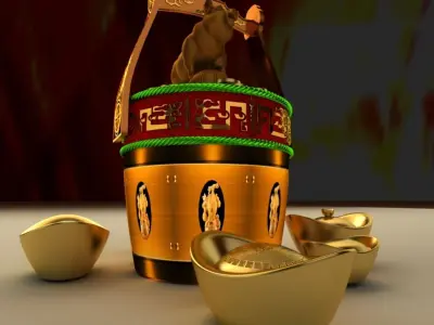 Chinese Gold Ingot bucket with Golden Pig 3D model