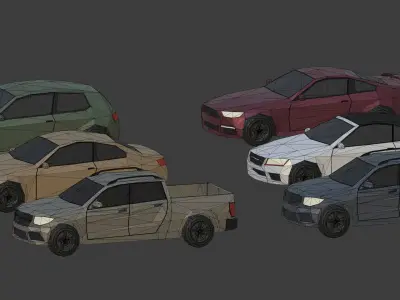 Low Poly Polygon Generic Cars SUV Pickup Sedan Hatchback Cartoon Low-poly 3D model