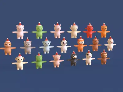 Cute Christmas Animal Pack 01  Low-poly 3D model