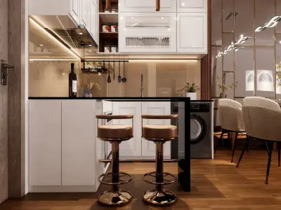 Apartment modern kitchen and dining room in 3D model