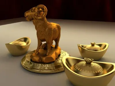 Chinese gold ingot with goat 3D model