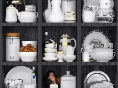 Kitchen set dishes on shelf 3D model