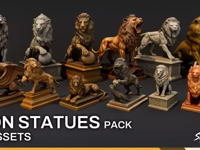 Lion Statues Pack Low-poly 3D model