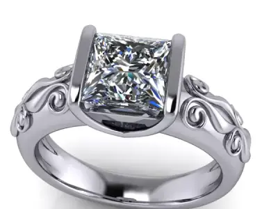 Vintage Princess Cut Solitaire  Hand Engrave Style Scroll  Ring  3D print model