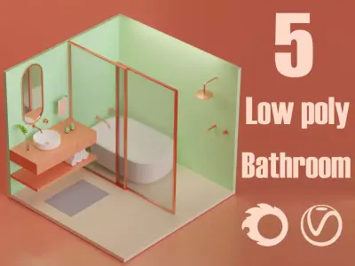 5 Lowpoly Bathroom with bathtub and sink Low-poly 3D model