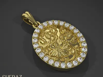Exquisite Floral Oval Pendant with Diamond Accents 3D print model