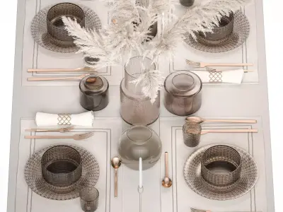 Table setting with a bouquet of white pampas grass 18 3D model
