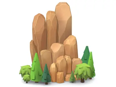 Cartoon Stone Cllff and Green Trees Low-poly 3D model