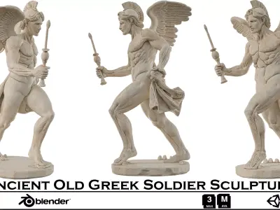 Ancient Greek Soldier Sculpture - Winged Marble Statue 3D model