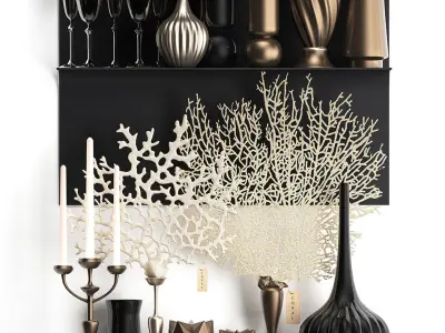 decorative set on a shelf with a coral 3D model