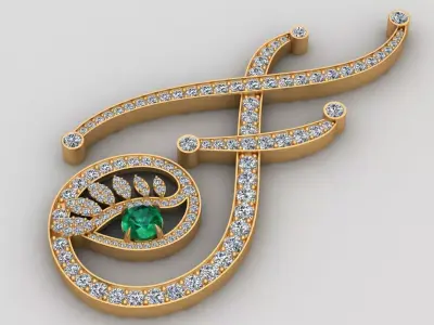 Tabayer F Letter Diamond Emerald Gold Pendant 3D print model