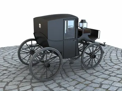 brougham horse drawn carriage on cobblestone street 3D model