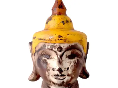 Antique Wooden Buddha Head Yellow 3D model