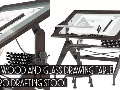 Aries Wood and Glass Drawing Table Retro Drafting Stool 3D model