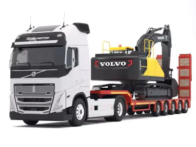 Volvo fh16 2021 and Lowboy Trailer with EC300E Excavator 3D model