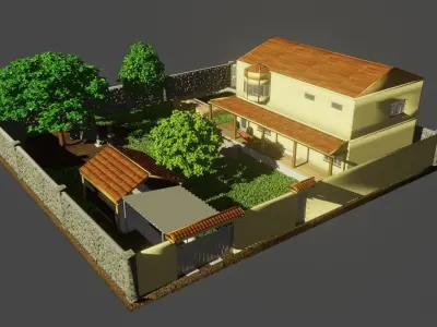 Simple house with a yard Low-poly 3D model