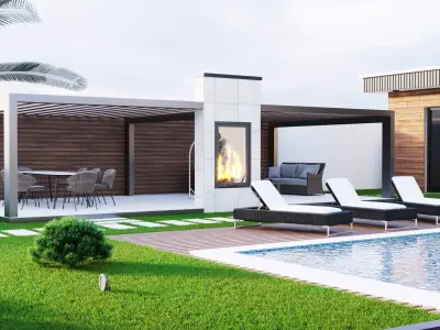 Realistic Villa modern house with pool and lawn Low-poly 3D model